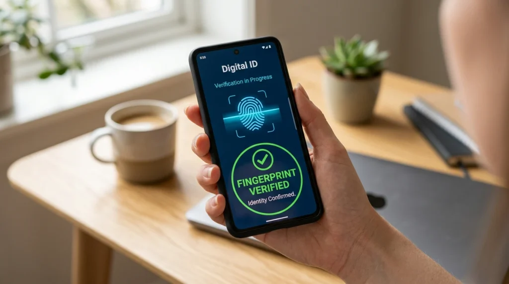 En smartphone som visar BankID-appen med fingeravtrycksverifiering på ett skrivbord