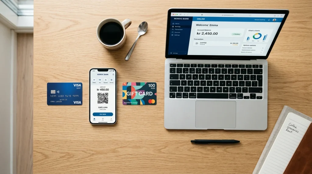 Flera betalningskort och en smartphone med Swish-appen på ett bord bredvid en bärbar dator