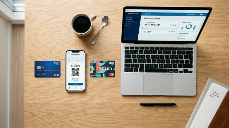Flera betalningskort och en smartphone med Swish-appen på ett bord bredvid en bärbar dator