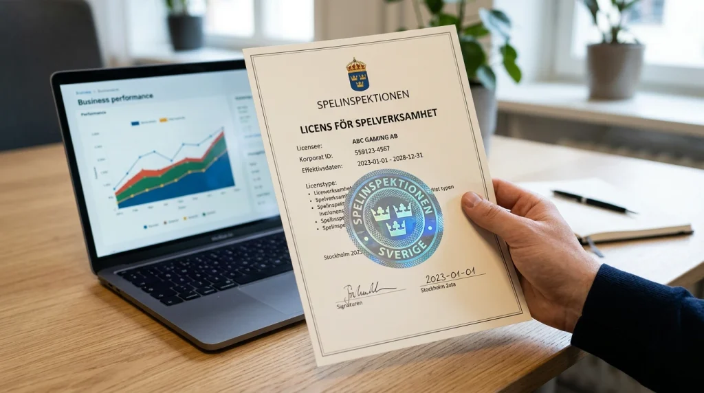 Närbild på en svensk licens med Spelinspektionens stämpel på ett skrivbord