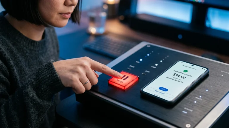 En hand som trycker på en pausknapp på en smartphone bredvid Swish-logotypen